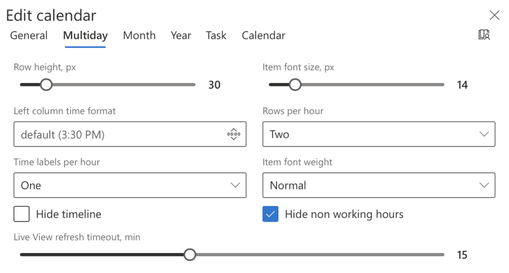 multiway view settings in Virto Calendar