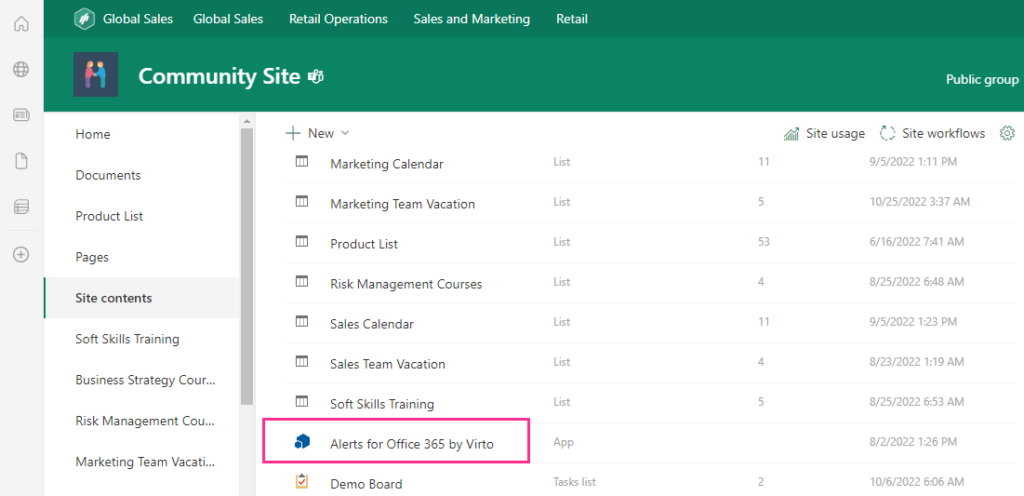 Alerts in the site contents