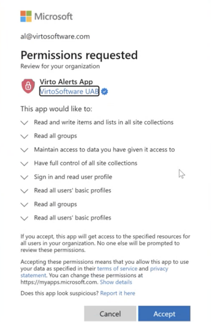 Virto Alerts app Authorization
